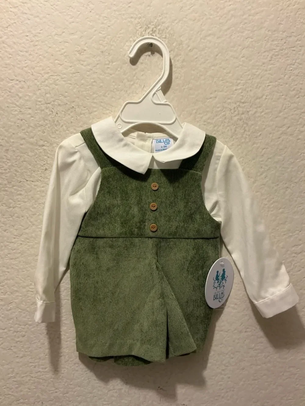 Precious Luli Boys olive green corduroy overall set.